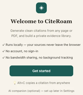CiteRoam side panel generating a formatted citation for the current page in Chrome