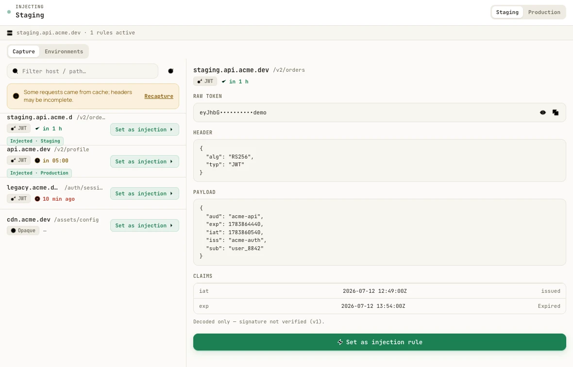 AuthRoam DevTools panel in Chrome listing API tokens captured from network requests, badged by type and expiry