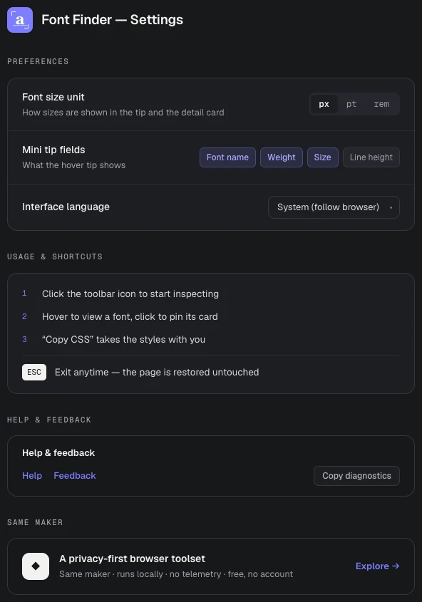 Font Finder settings showing the font size unit switch (px, pt, rem) and the mini tip fields, including the line height toggle