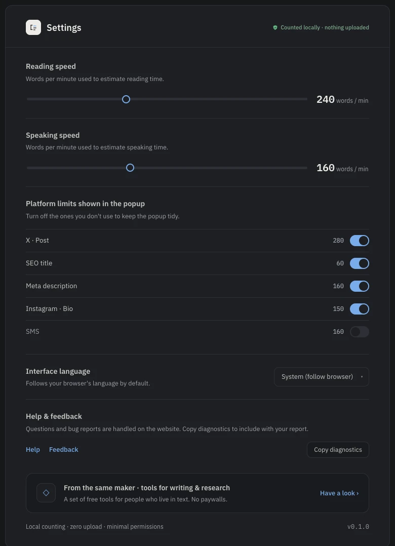 Word Counter options page where you choose which platform limit rows the popup shows
