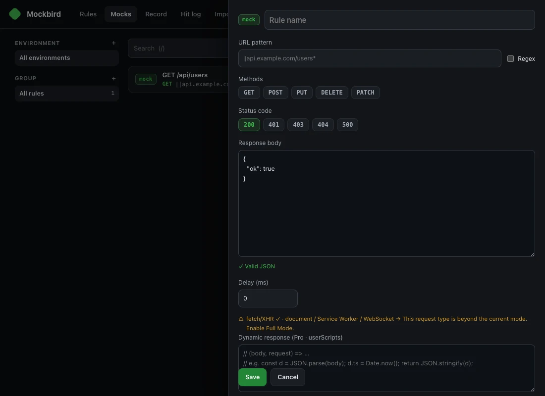 NetworkRules rule editor in Chrome: URL pattern field with Regex option and per-method matching
