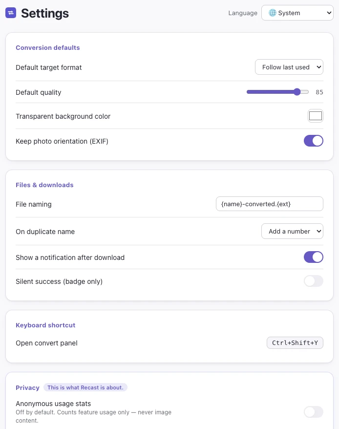 Image Converter settings in Chrome showing conversion defaults: default target format, a default quality slider set to 85, a transparent background color picker and a Keep photo orientation (EXIF) toggle
