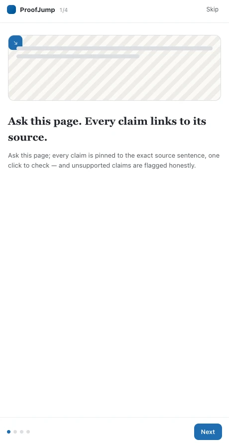 ProofJump side panel in Chrome showing that every answer links back to a source sentence