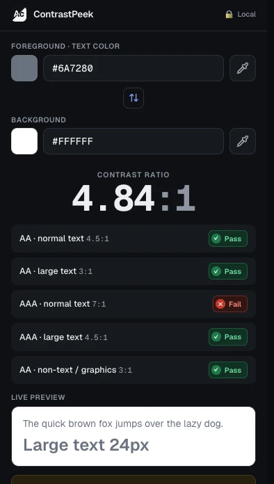 Contrast Checker popup showing a text and background pair with its contrast ratio and WCAG AA and AAA verdicts