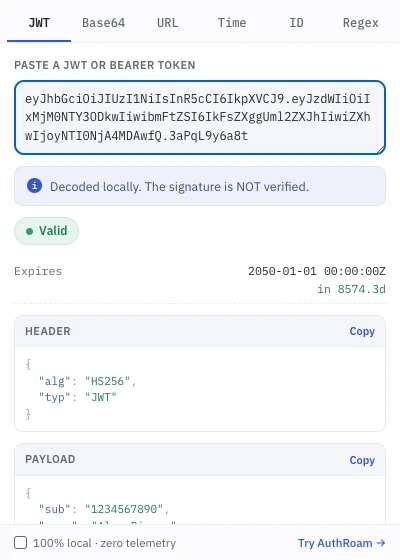DevKit JWT decoder in Chrome showing the decoded header, payload and expiry