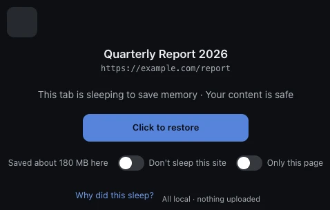 A sleeping tab placeholder in Chrome: the tab stays on the tab strip with its title, holding almost no memory until clicked