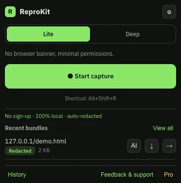 Bug report recorder popup in Chrome: one click to start capturing screen, console and network