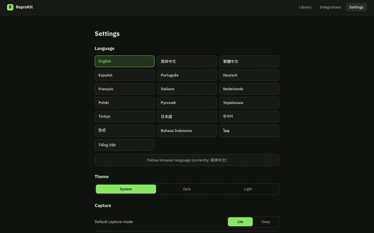ReproKit settings in Chrome: choose what the bundle captures and what is redacted