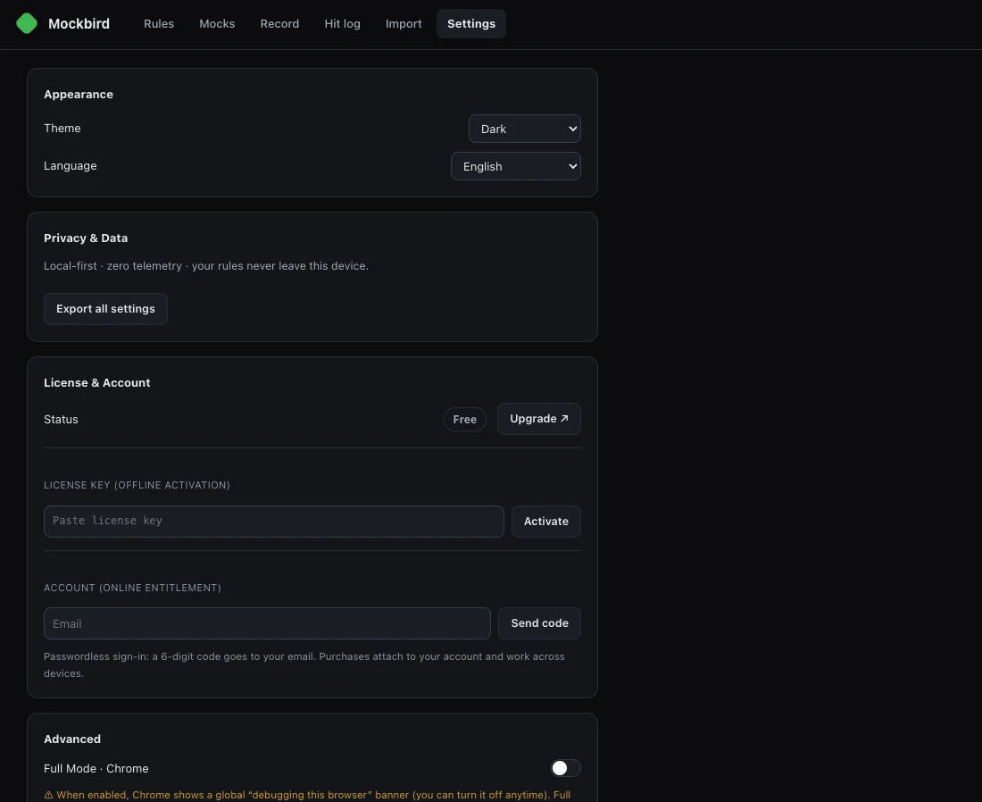 NetworkRules settings in Chrome: local-first zero-telemetry privacy card, offline license activation, and the Full Mode toggle