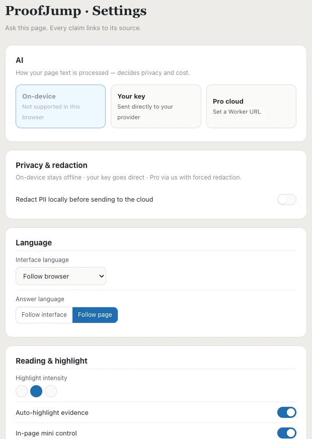 ProofJump settings page showing the choice of on-device, bring-your-own-key or Pro cloud processing and the local PII redaction switch