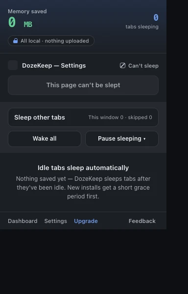 DozeKeep popup in Chrome: sleep the current tab, sleep others, wake all, and keep the current site awake